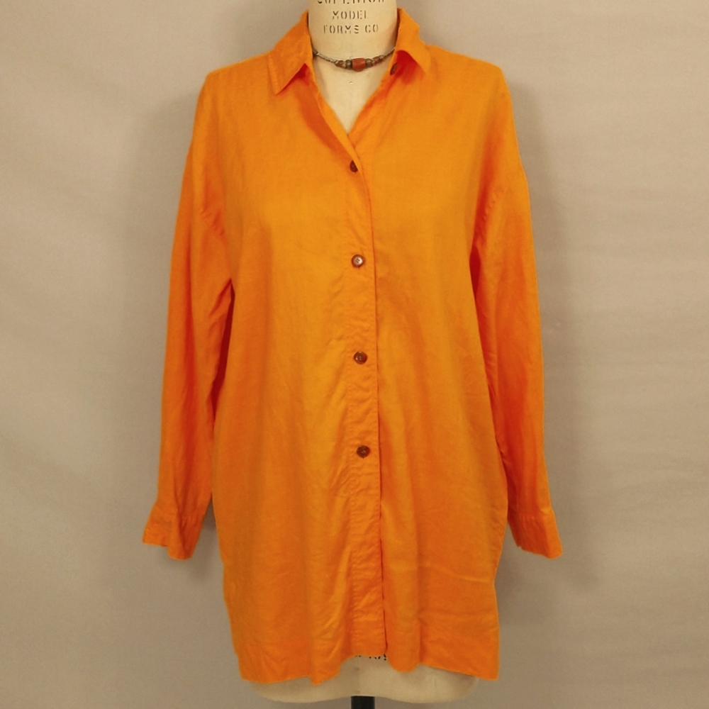 Bright Orange 100% Linen Tunic Button Down Shirt Oversized Apricot Tangerine Top